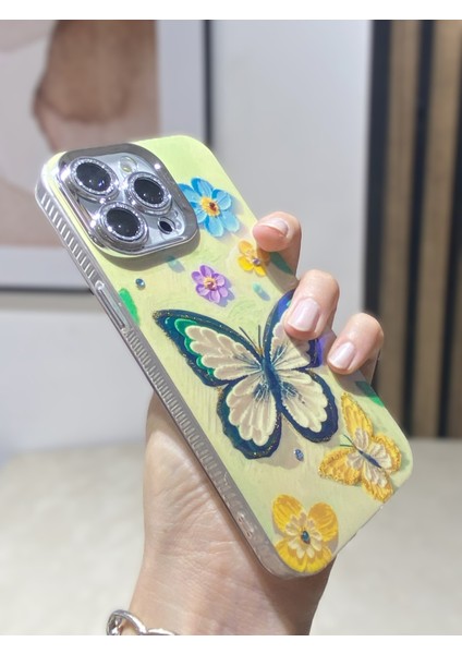 Paladyum Case iPhone 14 Promax Uyumlu Lens Korumalı Simli Kelebekli Çiçekli Kılıf