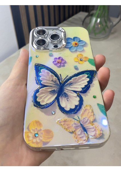 Paladyum Case iPhone 14 Promax Uyumlu Lens Korumalı Simli Kelebekli Çiçekli Kılıf