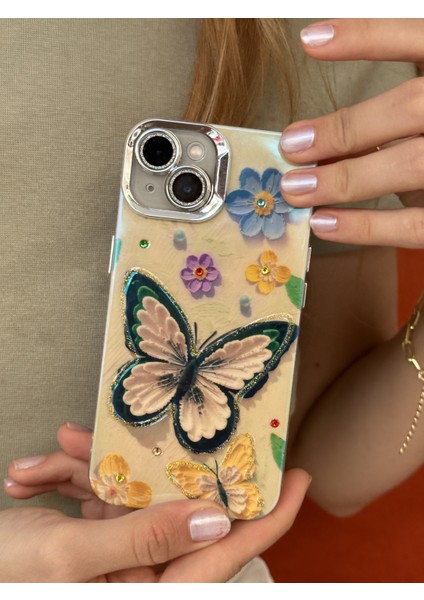 Paladyum Case iPhone 15 Plus Uyumlu Lens Korumalı Simli Kelebekli Çiçekli Kılıf