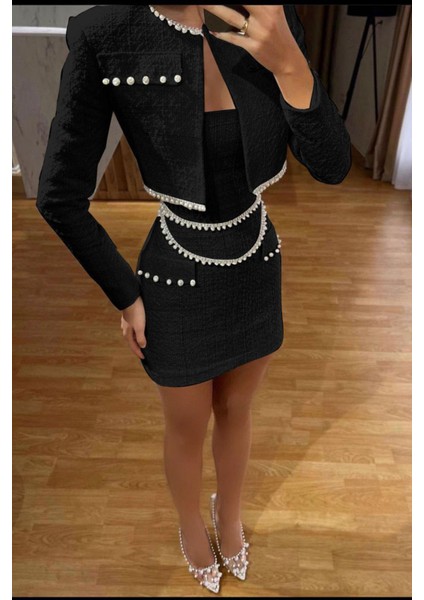 Kadın Tasarım Inci Işlemeli Crop Ceket Elbise Ikili Takım NBEMP2278