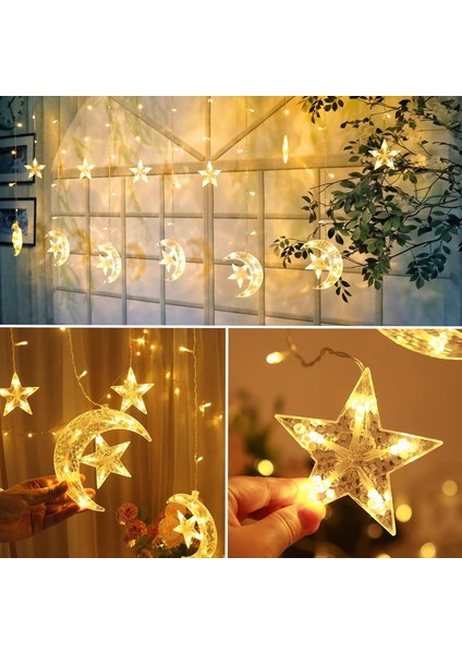 Ay Yıldız Perde LED Işıklar Animasyonlu Organizasyon Süsleme Fişli