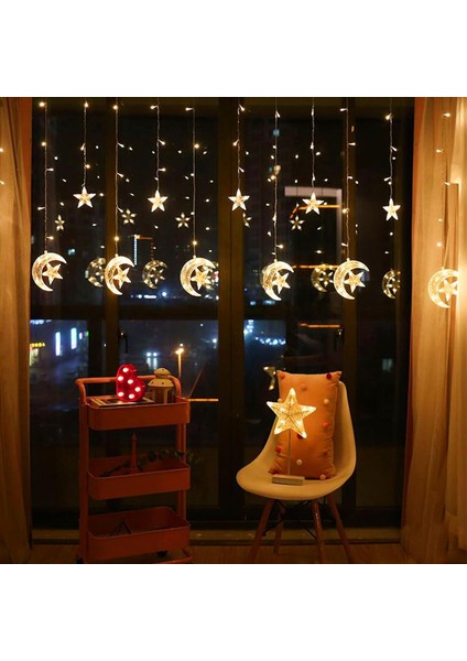 Ay Yıldız Perde LED Işıklar Animasyonlu Organizasyon Süsleme Fişli modelleri