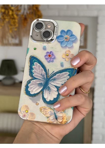 Paladyum Case iPhone 15 Uyumlu Lens Korumalı Simli Kelebekli Çiçekli Kılıf