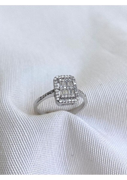 14 K White Gold Kaplama 925 Ayar Gümüş Klasik Baget Yüzük