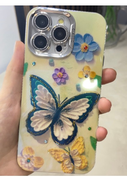 iPhone 15 Promax Uyumlu Lens Korumalı Simli Kelebekli Çiçekli Kılıf