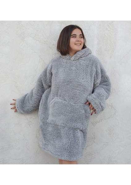 Gri Welsoft peluş polar giyilebilir battaniye ve pijama, sıcak ve konforlu kullanım sağlar
