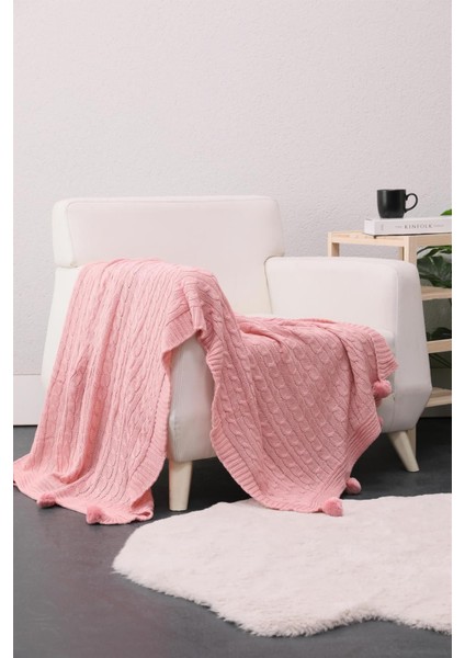 Pudra Renkli Ponponlu Triko Örgü Battaniye, Akrilik, Solmaya Dayanıklı, Pembe