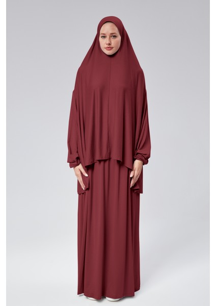 Kadın Iki Parça Namaz Elbisesi Başörtülü Organik Pamuklu Lastikli Kolu Kaymaz Etek Penye Tesettür