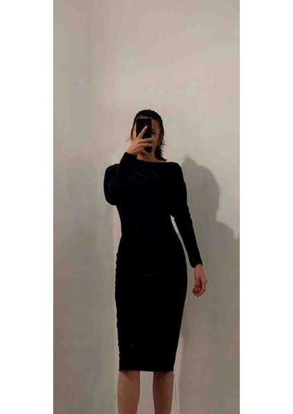 Kayık Yaka Kadife Elbise Siyah MUCEMU101