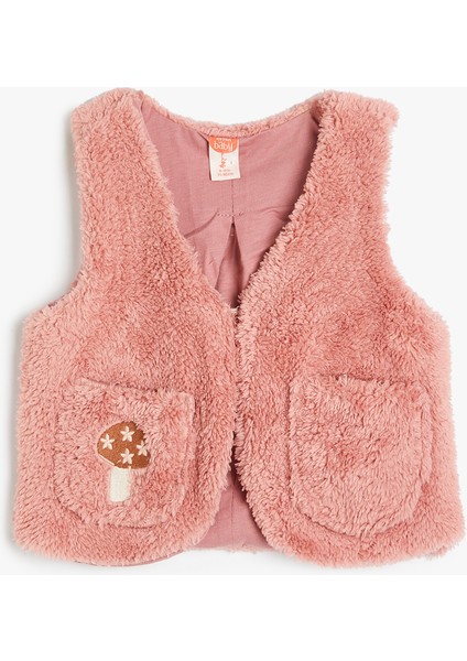 V Yaka Cep Detaylı Peluş Yelek