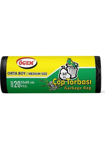 Orta Boy Çöp Torbası 55 x 60 cm 20'li Rulo x 5 Paket = 100 Adet (Siyah)