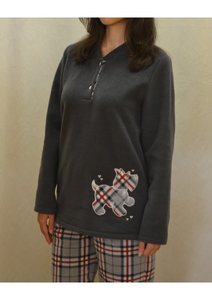 Nena Kadın Denver Polar Üst ve Ekose Polar Alt Köpek Desenli Gri Kışlık Pijama Takımı