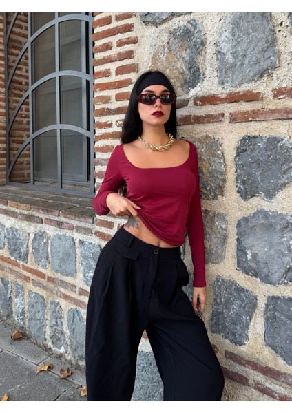 Kadın Bordo Kayık Yaka Pamuklu Body 28338