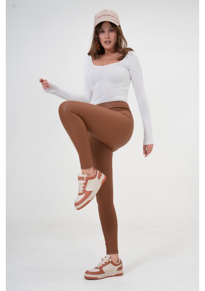 Kahve Geniş Kemer Şardonlu Full Likra Mat Deri Tayt 26269/1209