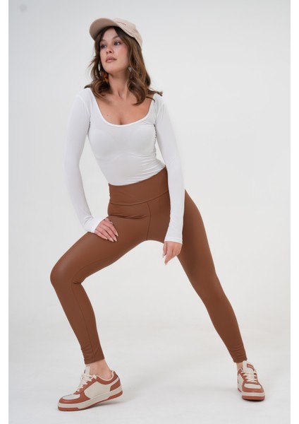 Kahve Geniş Kemer Şardonlu Full Likra Mat Deri Tayt 26269/1209 indirimleri