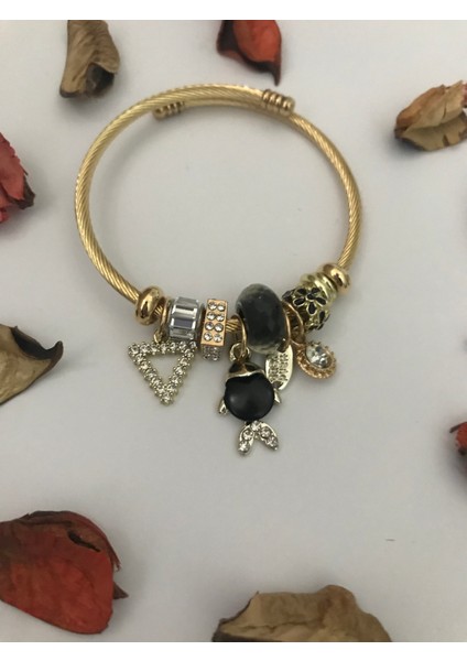 Kadın Çelik Siyah Balık Charmlı Altın Gold Renk Bileklik fiyatları