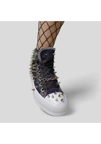 Zımbalı Metalik Görünümlü Gotik Siyah Keten Spor Ayakkabı Sneaker fiyatları