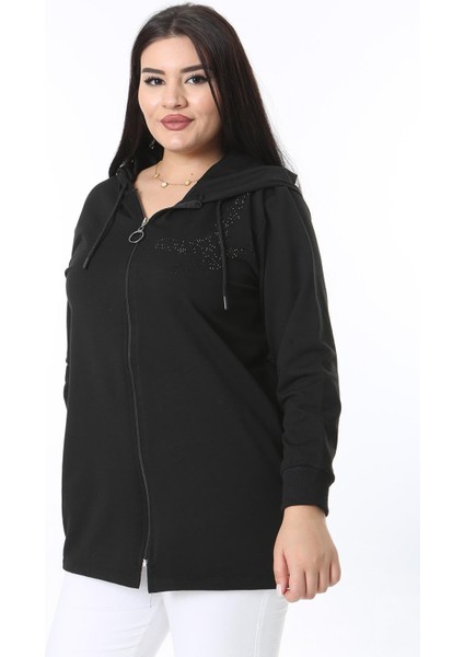 Kadın Büyük Beden Siyah Taş Detaylı Ön Fermuarlı Yanları Çıtçıt Düğmeli Astarsız Mont 65N38386 fiyatları