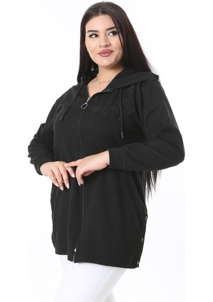 Kadın Büyük Beden Siyah Taş Detaylı Ön Fermuarlı Yanları Çıtçıt Düğmeli Astarsız Mont 65N38386 modelleri