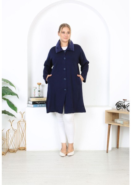 Kadın Büyük Beden Lacivert Çelik Örgü Triko Astarsız Cepli Uzun Mont 65N38453