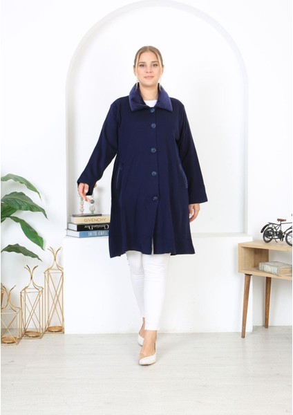 Kadın Büyük Beden Lacivert Çelik Örgü Triko Astarsız Cepli Uzun Mont 65N38453 modelleri