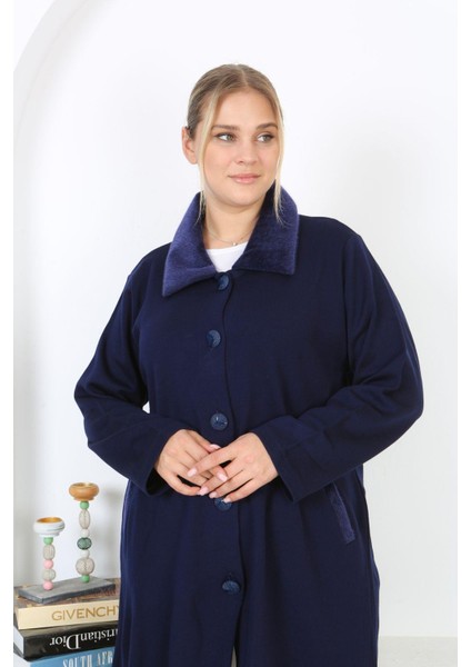 Kadın Büyük Beden Lacivert Çelik Örgü Triko Astarsız Cepli Uzun Mont 65N38453 fırsatları