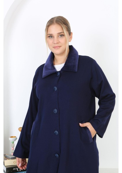 Kadın Büyük Beden Lacivert Çelik Örgü Triko Astarsız Cepli Uzun Mont 65N38453 indirimleri