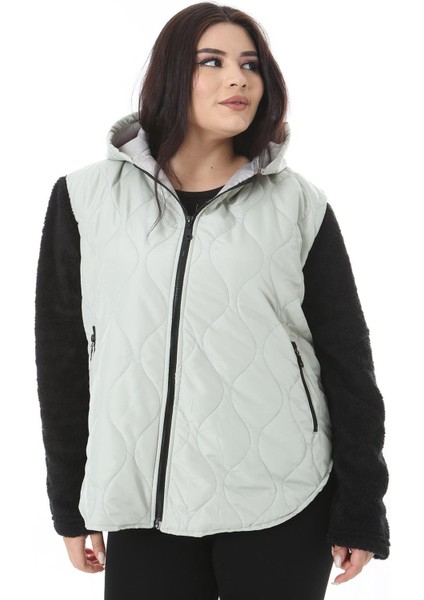 Kadın Büyük Beden Gri Fermuar ve Kapşonlu Kolları Peluş Mont 65N38494 fırsatları