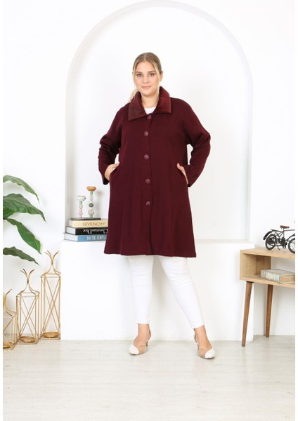 Kadın Büyük Beden Bordo Çelik Örgü Triko Astarsız Cepli Uzun Mont 65N38453