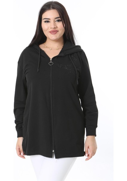 Kadın Büyük Beden Siyah Taş Detaylı Ön Fermuarlı Yanları Çıtçıt Düğmeli Astarsız Mont 65N38386 fırsatları