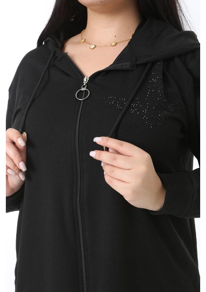 Kadın Büyük Beden Siyah Taş Detaylı Ön Fermuarlı Yanları Çıtçıt Düğmeli Astarsız Mont 65N38386 indirimleri