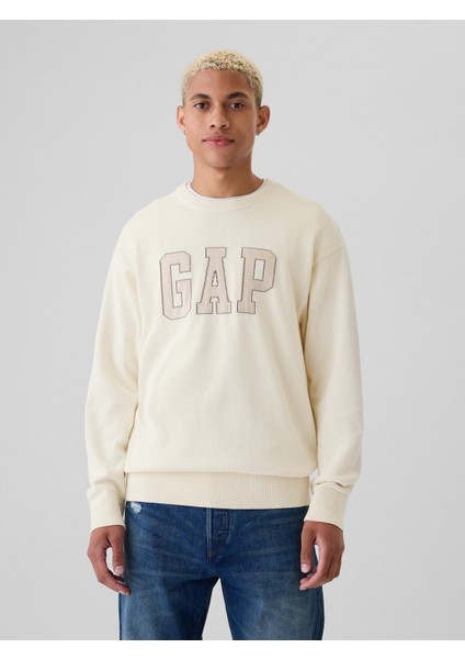 Erkek Kırık Beyaz Gap Logo Relaxed Intarsia Kazak