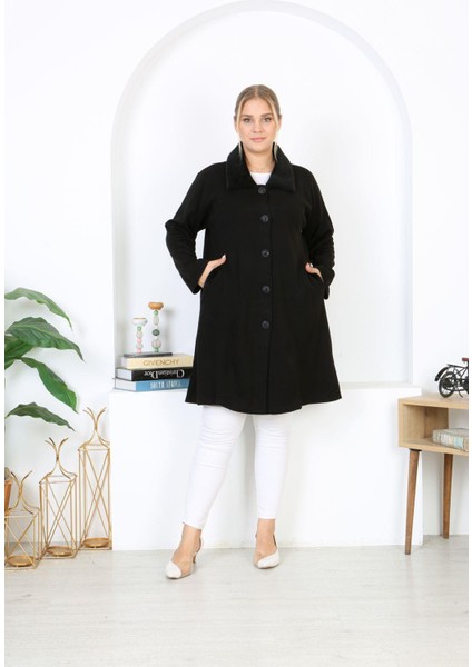 Kadın Büyük Beden Siyah Çelik Örgü Triko Astarsız Cepli Uzun Mont 65N38453