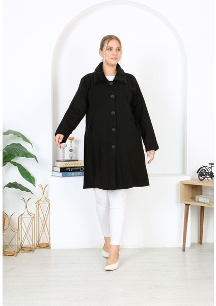 Kadın Büyük Beden Siyah Çelik Örgü Triko Astarsız Cepli Uzun Mont 65N38453 modelleri