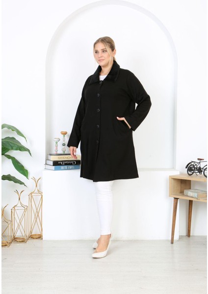 Kadın Büyük Beden Siyah Çelik Örgü Triko Astarsız Cepli Uzun Mont 65N38453 fırsatları