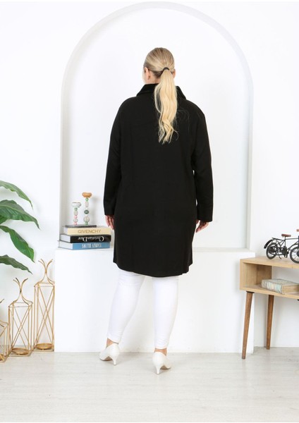 Kadın Büyük Beden Siyah Çelik Örgü Triko Astarsız Cepli Uzun Mont 65N38453 indirimleri