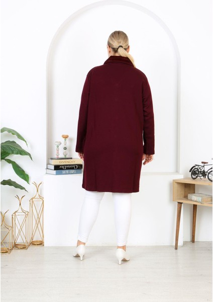 Kadın Büyük Beden Bordo Çelik Örgü Triko Astarsız Cepli Uzun Mont 65N38453