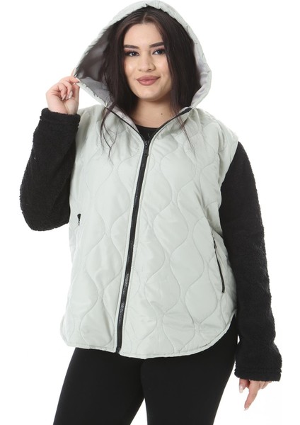 Kadın Büyük Beden Gri Fermuar ve Kapşonlu Kolları Peluş Mont 65N38494