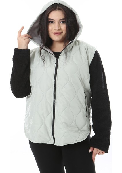 Kadın Büyük Beden Gri Fermuar ve Kapşonlu Kolları Peluş Mont 65N38494 fiyatları