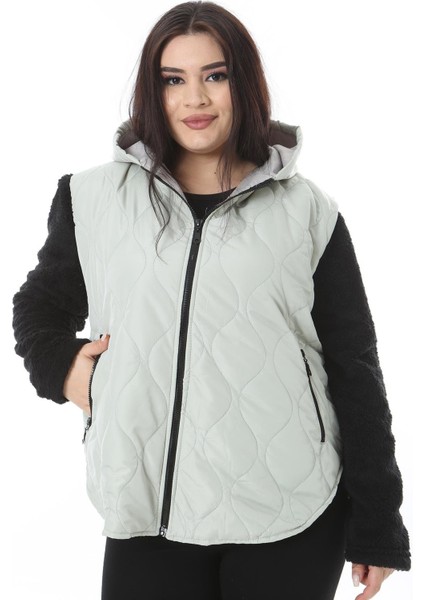 Kadın Büyük Beden Gri Fermuar ve Kapşonlu Kolları Peluş Mont 65N38494 modelleri