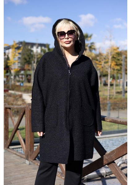 Kadın Büyük Beden Siyah Buklet Kumaş Kapüşonlu Astarsız Kaban 65N38451 fiyatları