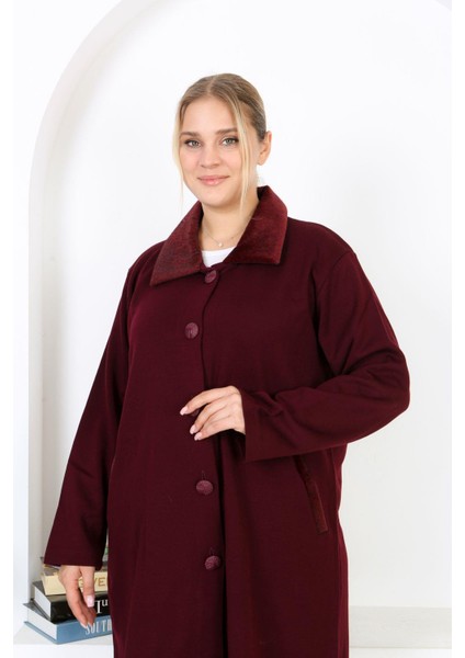 Kadın Büyük Beden Bordo Çelik Örgü Triko Astarsız Cepli Uzun Mont 65N38453 fırsatları