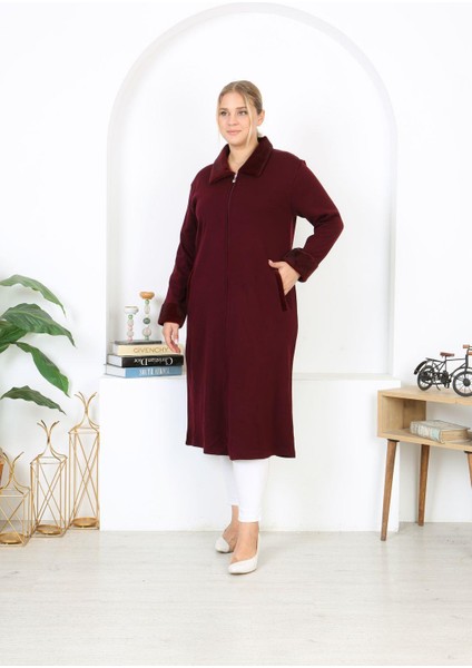 Kadın Büyük Beden Bordo Çelik Örgü Triko Astarsız Cepli Uzun Mont 65N38455