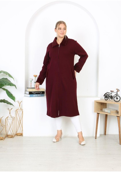 Kadın Büyük Beden Bordo Çelik Örgü Triko Astarsız Cepli Uzun Mont 65N38455 modelleri