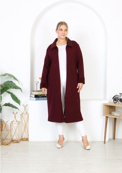 Kadın Büyük Beden Bordo Çelik Örgü Triko Astarsız Cepli Uzun Mont 65N38455 indirimleri