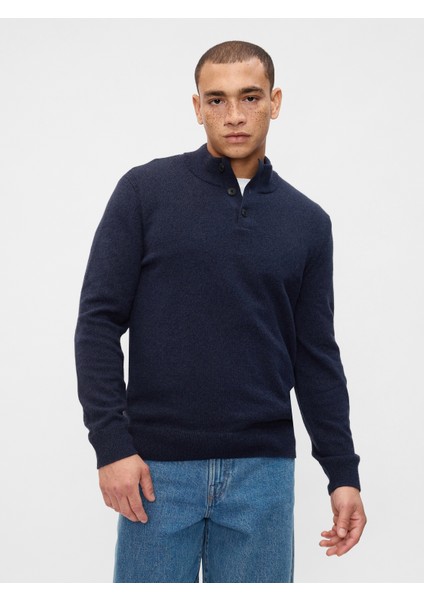 Erkek Lacivert Henley Düğmeli Balıkçı Yaka Kazak