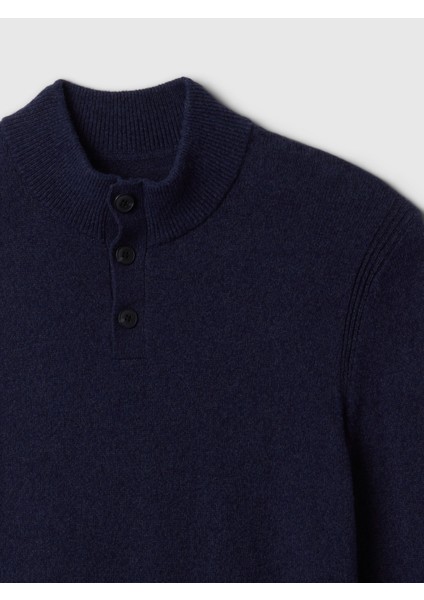 Erkek Lacivert Henley Düğmeli Balıkçı Yaka Kazak modelleri