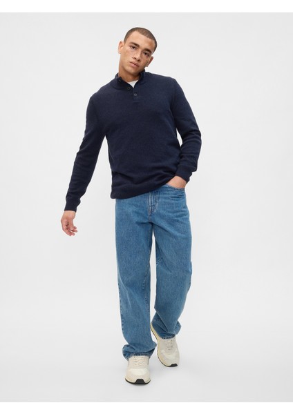 Erkek Lacivert Henley Düğmeli Balıkçı Yaka Kazak fırsatları