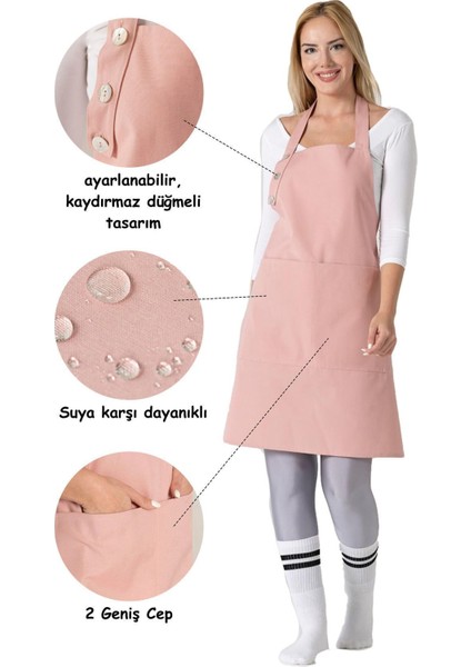 Pembe su geçirmez mutfak önlüğü, geniş cepli, şık tasarım, 70x80 cm, pamuk polyester