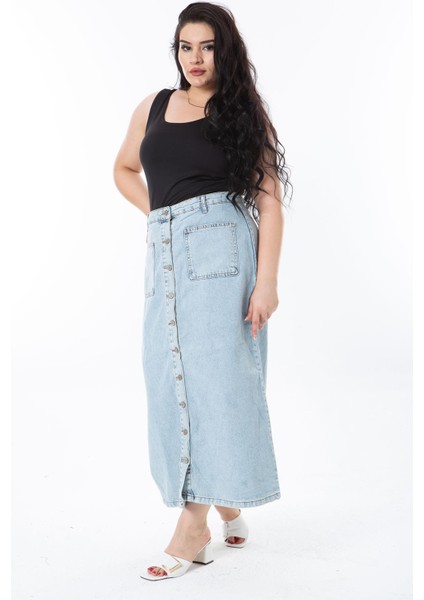 Kadın Büyük Beden Mavi Ön Düğmeli Kot Etek 65N38289